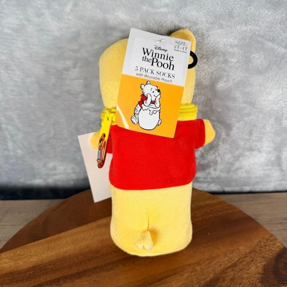 Disney Winnie The Pooh Socks 2T-4T 5 Pairs Socks and Reusable Plush Pouch
